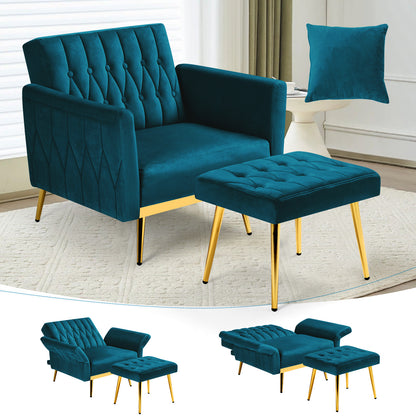 ACMEASE 31.5" Velvet Upholstered Single Chair with Adjustable Armrest And Back, Comfy Armchair with Movable Ottoman, Tufted Accent Chair with Soft Pillow for Living Room