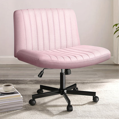 Criss Cross Chair with Wheels, Fabric Padded Armless Cross Legged Office Desk Chair for Home Office, Modern Swivel Height Adjustable Wide Seat Computer Task Vanity Chair