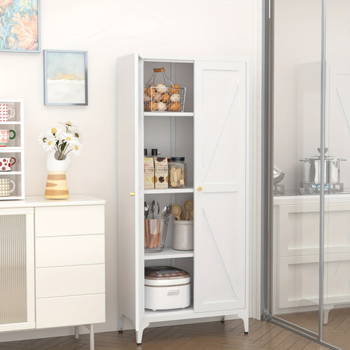 Metal Storage Cabinet, Metal Kitchen Pantry Cabinet, Food Pantry Storage Cabinets With Doors And Shelves, Large Steel Storage Cabient For Dinning Room, Laundry Room, White/Black