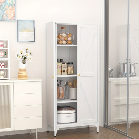 Metal Storage Cabinet, Metal Kitchen Pantry Cabinet, Food Pantry Storage Cabinets With Doors And Shelves, Large Steel Storage Cabient For Dinning Room, Laundry Room, White/Black