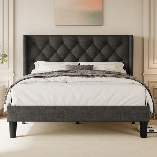 Modern Platform Bed Frame with 24-Inch Button-Tufted Headboard – Solid Wood Slats, Artistic Legs, Linen & Velvet, Dark Gray Light Grey Beige White Black, Full Queen King
