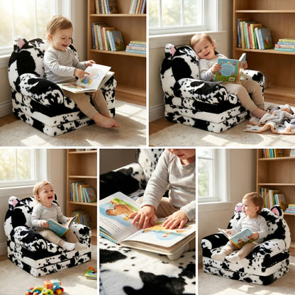 Kids Foldable Sofa Chair, Soft Plush Milk Cow Pattern 2-in-1 Flip Open Children's Lounger, Removable Washable Cover, Lightweight Comfy Animal Chair for Boys & Girls Reading Nook