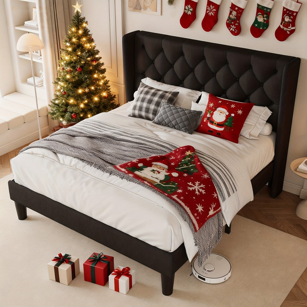 Modern Platform Bed Frame with 24-Inch Button-Tufted Headboard – Solid Wood Slats, Artistic Legs, Linen & Velvet, Dark Gray Light Grey Beige White Black, Full Queen King