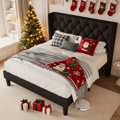 Modern Platform Bed Frame with 24-Inch Button-Tufted Headboard – Solid Wood Slats, Artistic Legs, Linen & Velvet, Dark Gray Light Grey Beige White Black, Full Queen King
