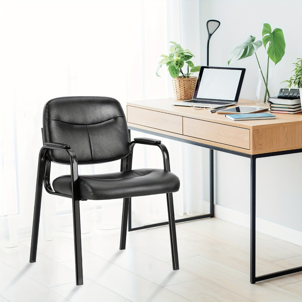 Waiting Room Chairs Set of 2, Leather Guest Chair with Padded Arms – No Wheels Reception Chair for Office, Conference Room, Lobby, Salon & Home, Black