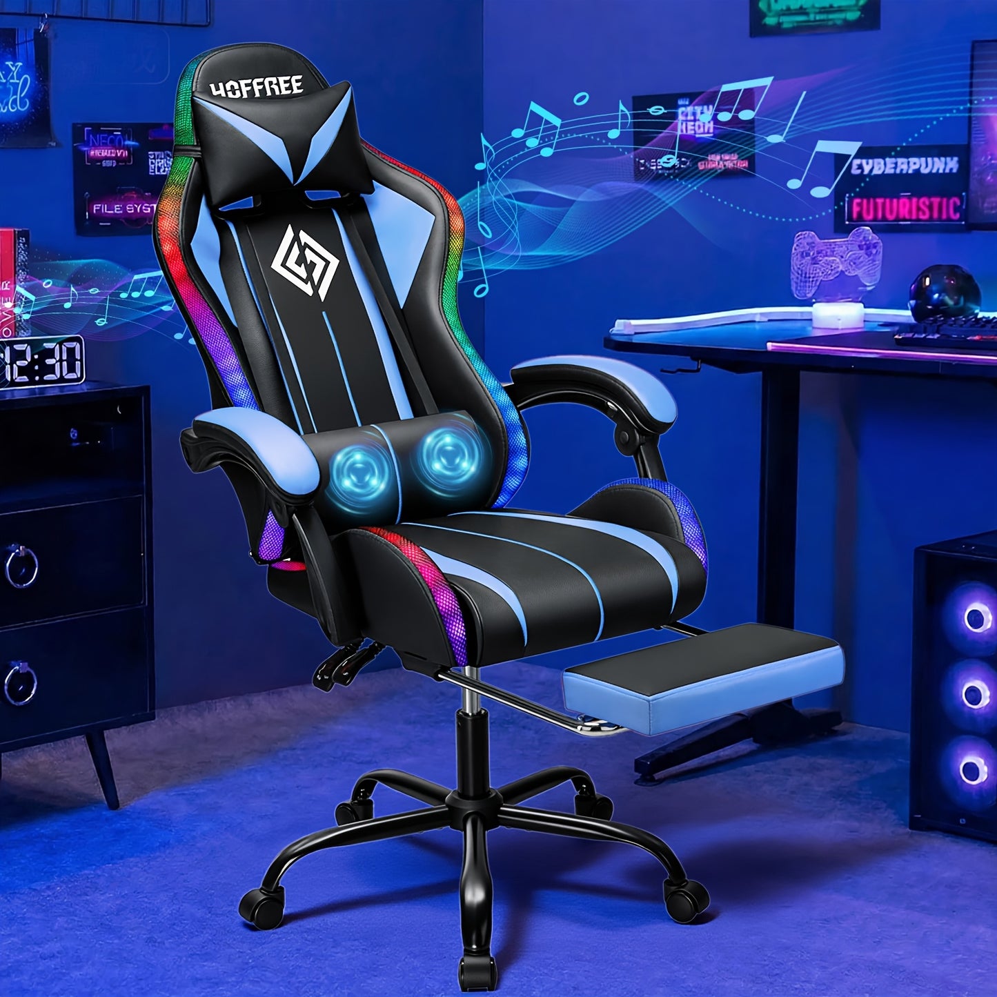 LED Gaming Chair with Wireless Speakers And Massage, Big And Tall Video Game Chair for 397Lbs with Footrest, Reclining High Back Computer Desk Chair