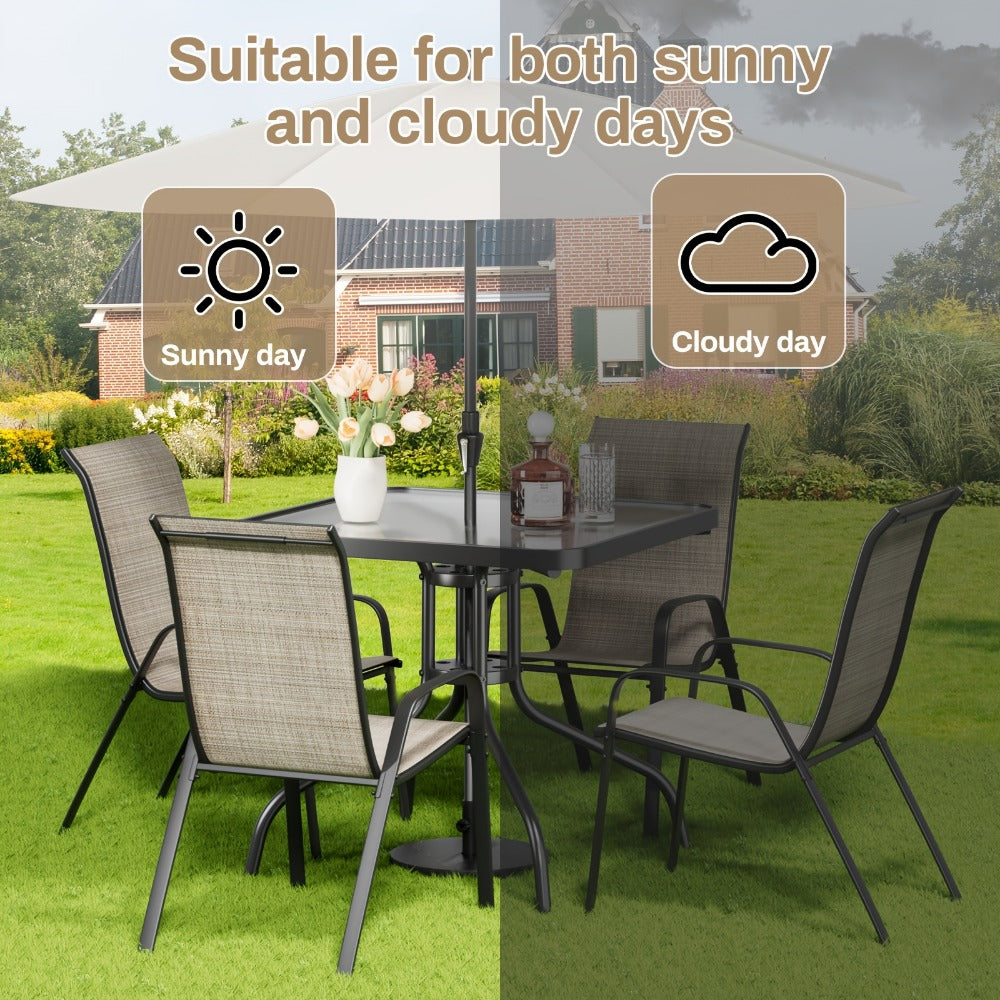 Patio Dining Set 5 Piece Stackable Textilene Chairs Glass Table All-Weather Outdoor Furniture for Courtyard Garden Lawn Backyard Poolside with Umbrella Hole