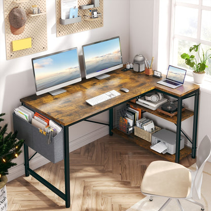 L-Shaped Computer Desk with Power Outlets and Storage Shelves, Corner Gaming Desk for Home Office Bedroom Dorm, Wood Metal Writing Study Desk with Monitor Stand in 3 Colors 4 Sizes