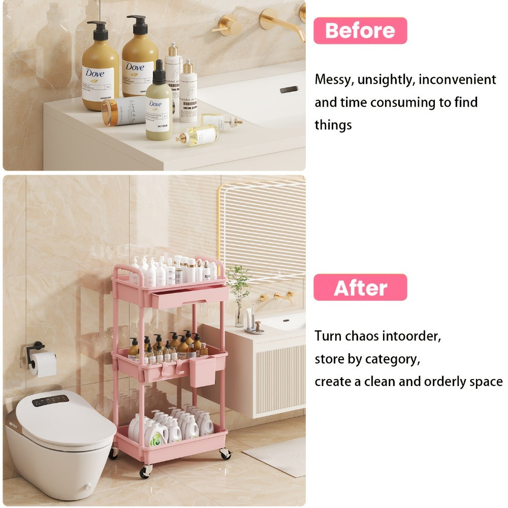 3-Tier Rolling Cart with Drawers Lockable Wheels Cup Holder Hooks Plastic Storage Organizer for Kitchen Bathroom Living Room Office Salon Black Grey Green Pink White