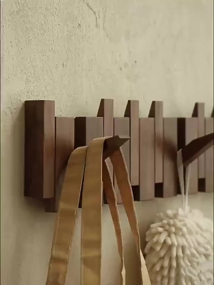1pc Natural Wood Wall-Mounted Coat Rack with 10 Hooks - Piano-Shaped Accordion Design, Walnut Finish, Space-Saving Vertical Storage for Entryway, Bedroom, Bathroom - Easy Assembly, No Batteries/Electricity, Durable Multi-Purpose Organizer for Coats, Hats,