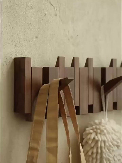 1pc Natural Wood Wall-Mounted Coat Rack with 10 Hooks - Piano-Shaped Accordion Design, Walnut Finish, Space-Saving Vertical Storage for Entryway, Bedroom, Bathroom - Easy Assembly, No Batteries/Electricity, Durable Multi-Purpose Organizer for Coats, Hats,