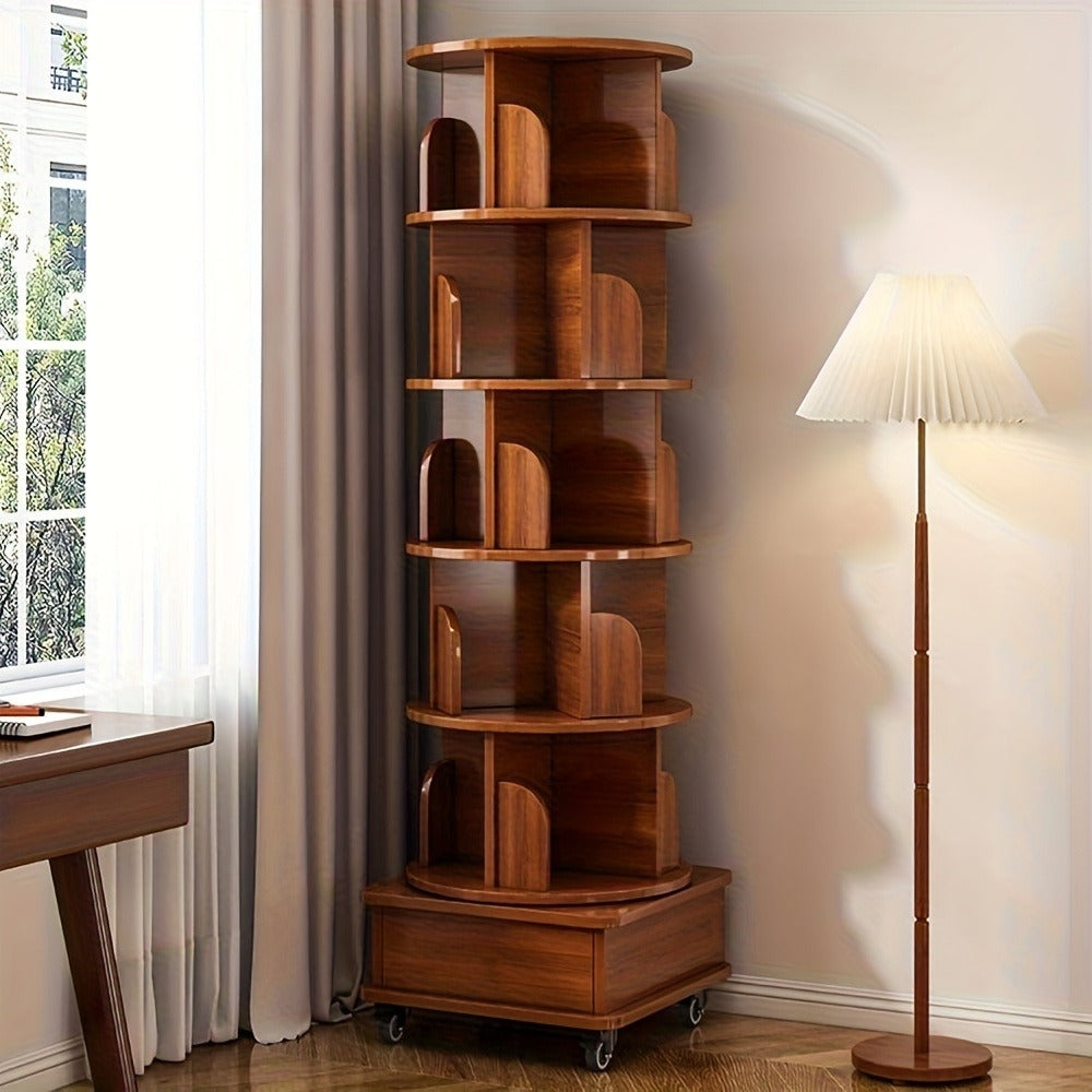 360 Rotating Bookshelf 6 Tier Corner Bookcase with Wheels Narrow Wood Storage Rack for Small Space Bedroom Living Room Study Walnut Brown