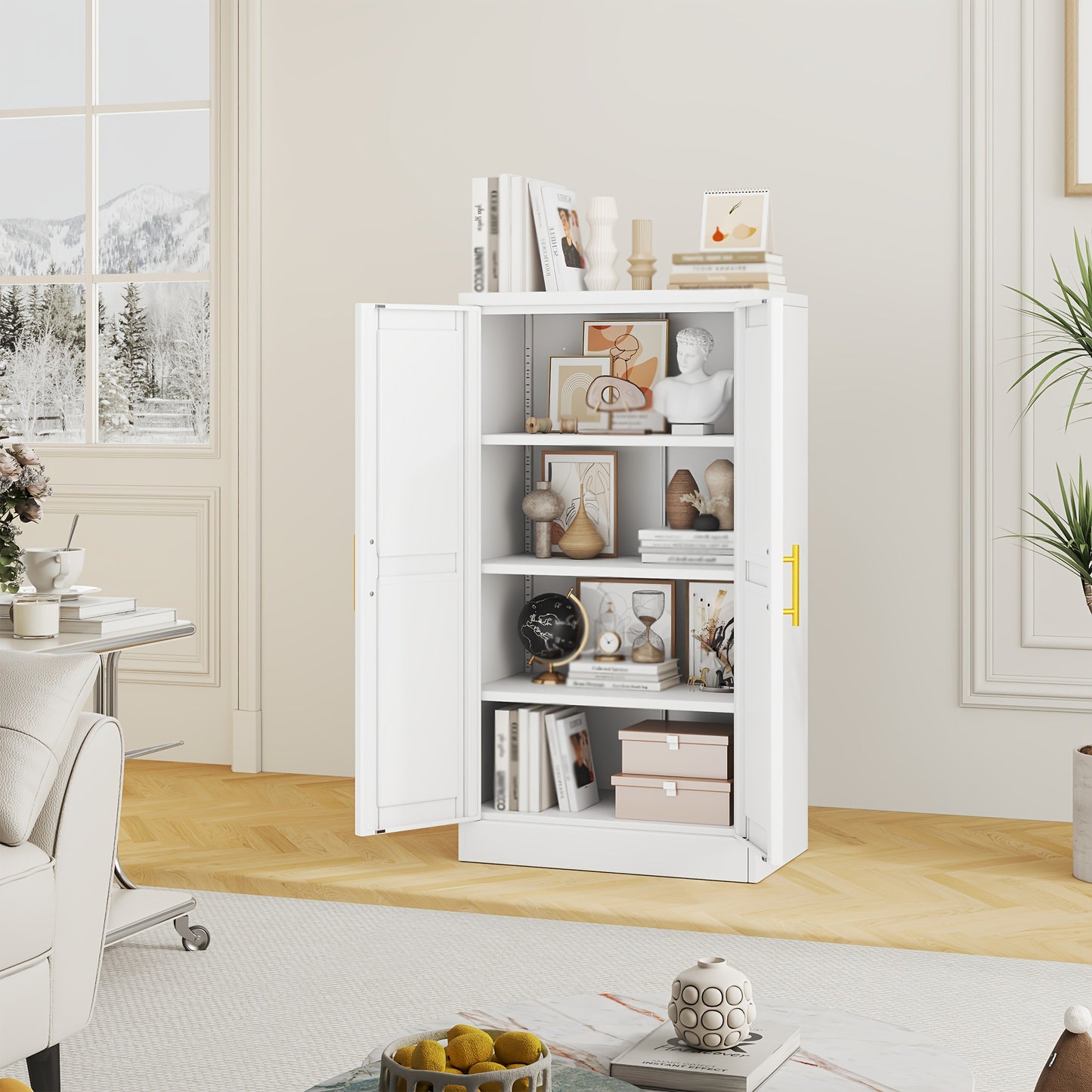Utility Two Doors Modern Metal Storage Freestanding Cabinet with Adjustable Foot, Kitchen Pantry Sideboard Cabinet with 3 Adjustable Shelves for Kitchen, Laundry Room, Bathroom, Living Room and Dinning Room