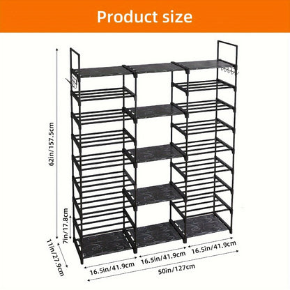9 Tier Metal Shoe Rack Organizer 50-55 Pairs Large Capacity Stackable Freestanding Shoe Shelf with Hooks for Entryway Closet Bedroom Black Heavy Duty Storage
