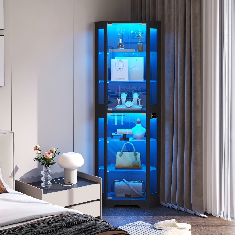 Corner Display Cabinet 6 Tier with 3-Color LED Light & Motion Sensor, Glass Storage Cabinet for Figurines Books Vinyl Records, Living Room Bedroom Game Room Organizer Black