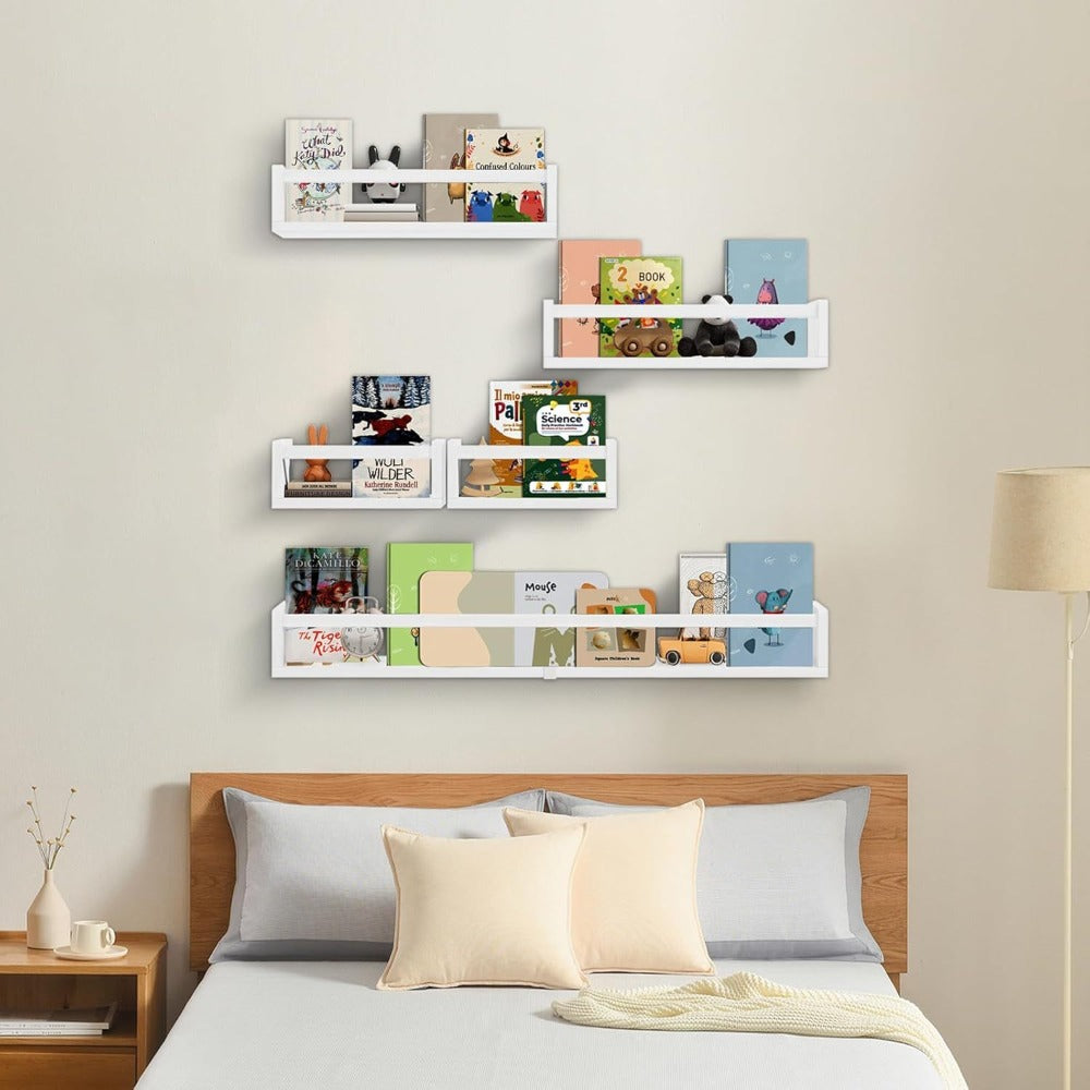 5pcs White Nursery Bookshelves Set - DIY Floating Shelves with 5-Tier Storage (32in, 2x16.5in, 2x10in) - Wall-Mounted Kids Room Shelving Suitable for Nursery, Room, Kids' Room - Easy Assembly, Space-Saving Bookcase