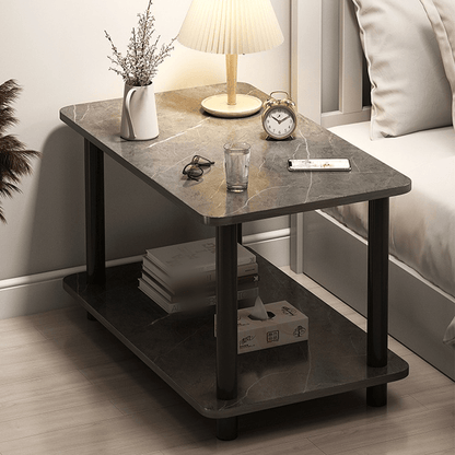 Modern Marble-Look Two-Tier Side Table with Sturdy Metal Frame & Spacious Storage Shelf - Space-Saving Engineered Wood & Marble Table Suitable for Living Room, Bedroom, Office - Assembly, Modern