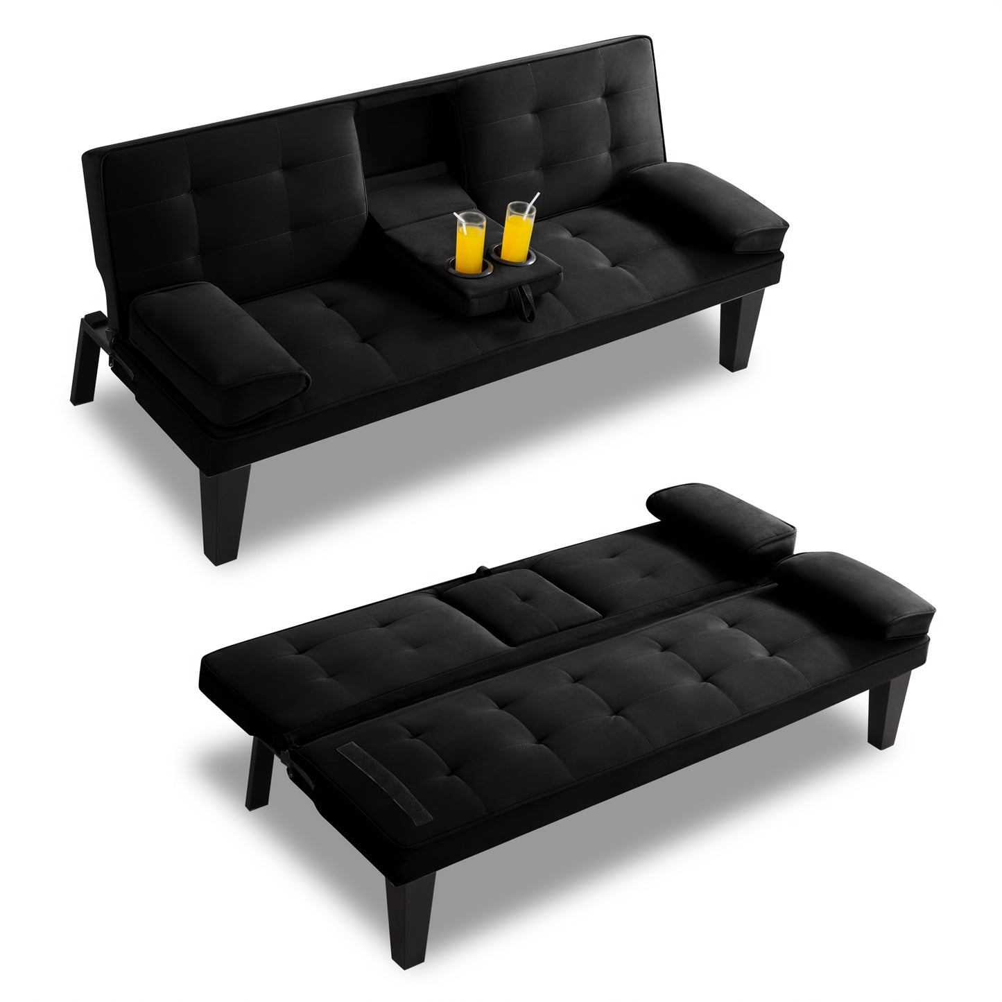 65 Inch Modern Foldable Sofa Bed, Adjustable Lounge Chair with Detachable Armrests And Two Cup Holders for Double Occupancy in The Living Room, Convertible Into a Bed