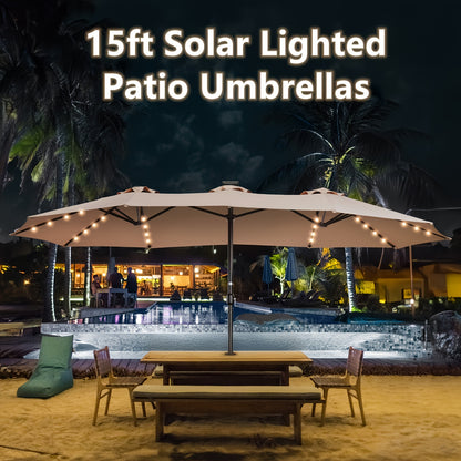 15ft Outdoor Double Sided Patio Umbrella With Base And 48 Solar LED Lights Lighted, 10 Hours Of Lighting, Large Patio Umbrella With Crank Handle, Market Table Umbrella, Powerful UV Protective, 12 Heavy-duty Ribs, For Lawn Garden, Deck, Poolside.