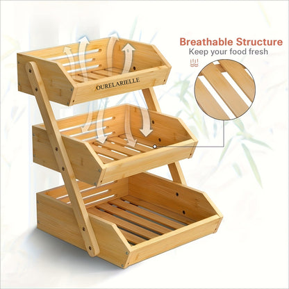 3-Layer Bamboo Fruit Basket Rack - Large Capacity Kitchen Storage Rack, Open Striped Design for Ventilation And Air Circulation, Natural Wooden Countertop Storage Rack, Suitable for Vegetables, Bread And Fresh Ingredients - Easy to Assemble, Durable