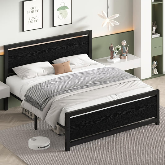 Metal Bed Frame Twin Full Queen Size Metal Bed Frame with Headboard, Wooden Steel Slat Support, Heavy Duty Platform, Under-Bed Storage, Available In White, Black, Brown, Grey