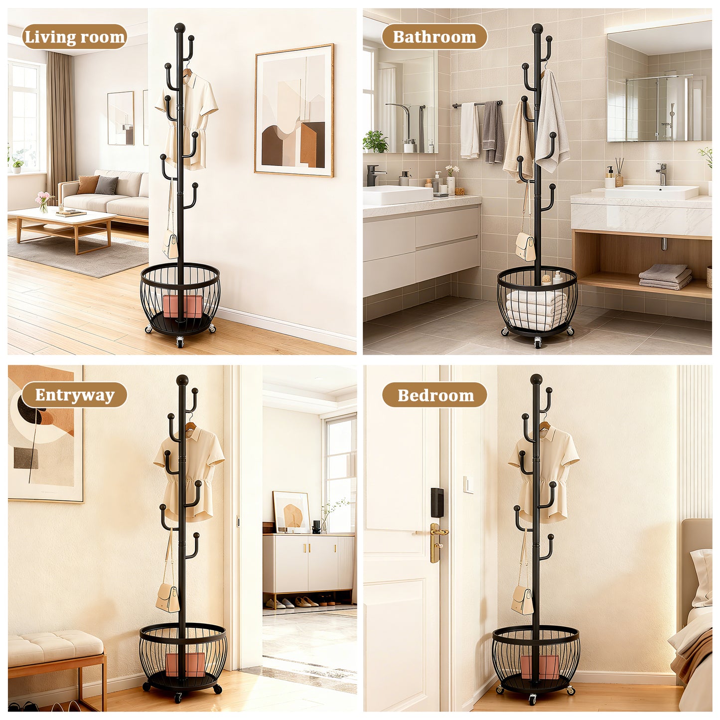 2-in 1 Multipurpose Freestanding Coat Rack with Storage Basket - 6 Hooks and 4 Universal Wheels, Mobile Clothes Hanger, Space-Saving Freestanding Clothes Rack Organizer, for use in Entryway, Living Room, Bedroom, Home, Office, Bathroom for Hats, Coats, Sc