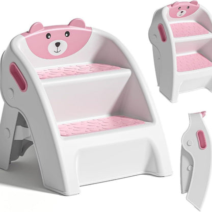 Foldable 2-Step Kids Step Stool with Handle & Non-Slip Design, Toddler Step Stool for Bathroom Sink Kitchen Bedroom Counter, Lightweight Portable Child Safety Stool