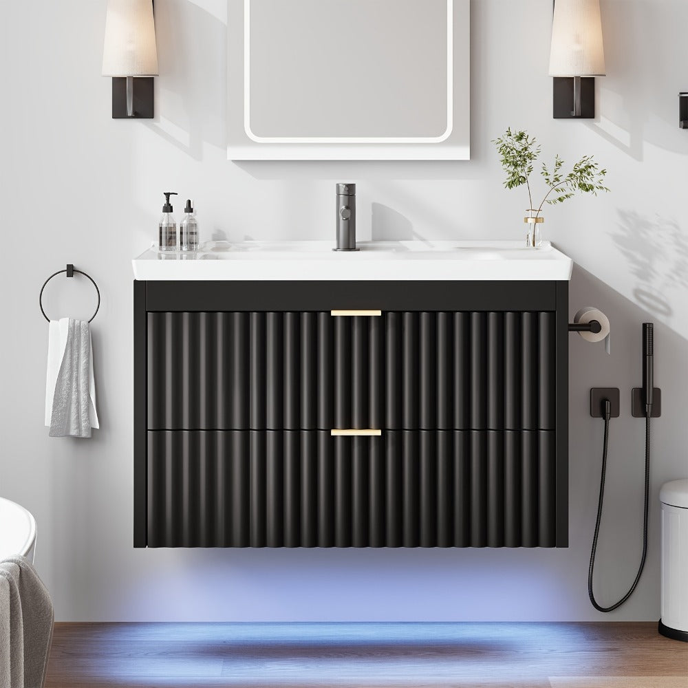 24" 2pcs/1pc Bathroom Vanity with Sink, 24" Floating Bathroom Vanity with LED, 24" with 3-Hole Ceramic Vanity Sink, Wave Line Design, 2pcs Soft-Close Drawers, Wall-Mounted Cabinet for Small Spaces, Black/White