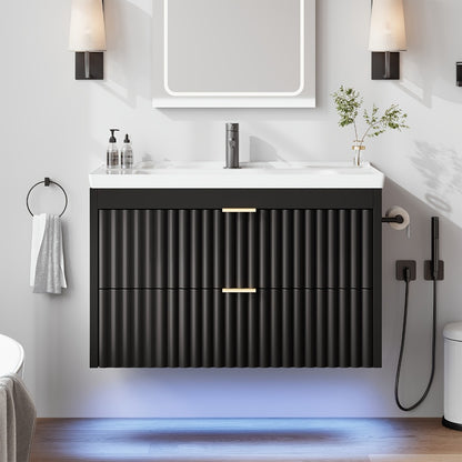 24" 2pcs/1pc Bathroom Vanity with Sink, 24" Floating Bathroom Vanity with LED, 24" with 3-Hole Ceramic Vanity Sink, Wave Line Design, 2pcs Soft-Close Drawers, Wall-Mounted Cabinet for Small Spaces, Black/White