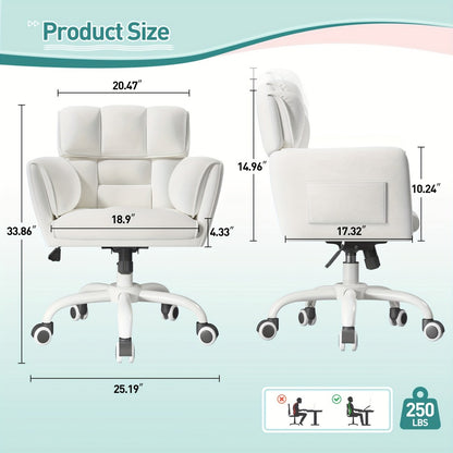 Vanity Chair for Bedroom with Mid-Back, Side Pockets & Wheels – Soft Upholstered Adjustable Height Swivel Desk Chair, Skin-Friendly Fluffy Fabric, White, Cream, Grey, Pink, Black
