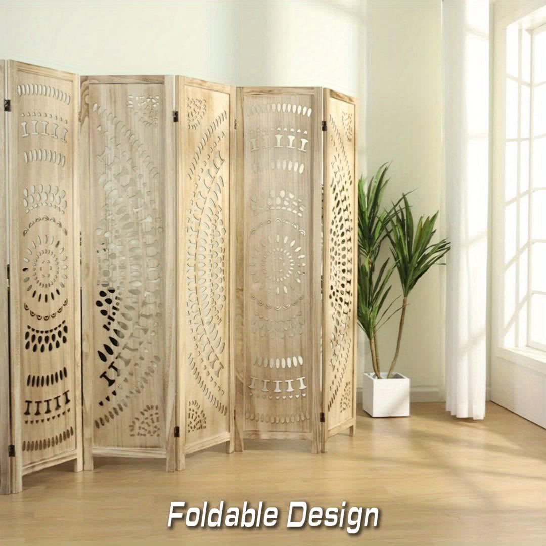 Antique White/Natural Wood 94.5 Inch Folding Room Divider, 3/6 Panels Wood Carved Boho Privacy Screens, Free Assembled Freestanding Partition For Home Office Bedroom Restaurant Studio Apartment