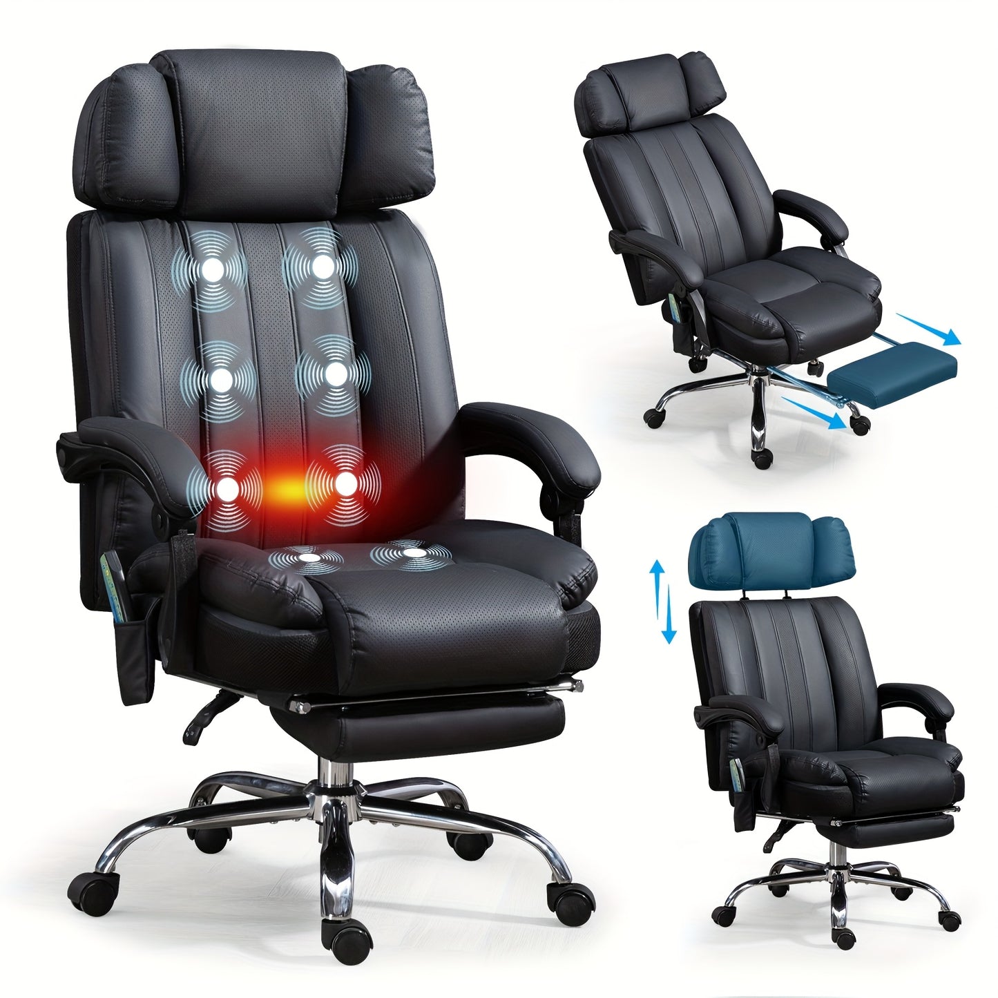 Big And Tall Massage Office Chair PU Leather Executive Desk Chair 500 Lbs Capacity, Reclining, Heated, 8 Vibration Points, Adjustable Footrest And Headrest