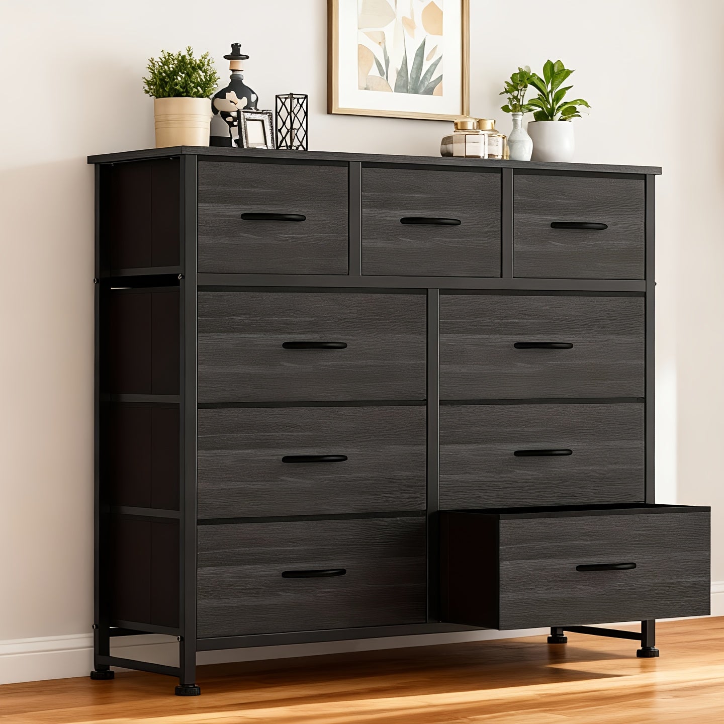9 Drawer Fabric Dresser with Bins Tall Chest Organizer for Bedroom Closet Hallway Steel Frame Wood Top Easy Pull Handles