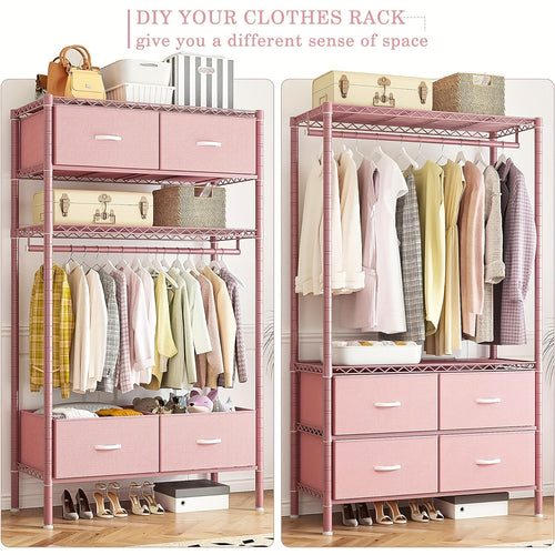 Heavy Duty Clothes Rack, Clothing Rack For Hanging Clothes With 4 Drawers Load 420LBS, Easy To Assemble, Sturdy & Durable Design, Large Capacity For Coats, Shirts, Closet Organizers And Storage, Furniture For Home, Christmas Decorations, Pink