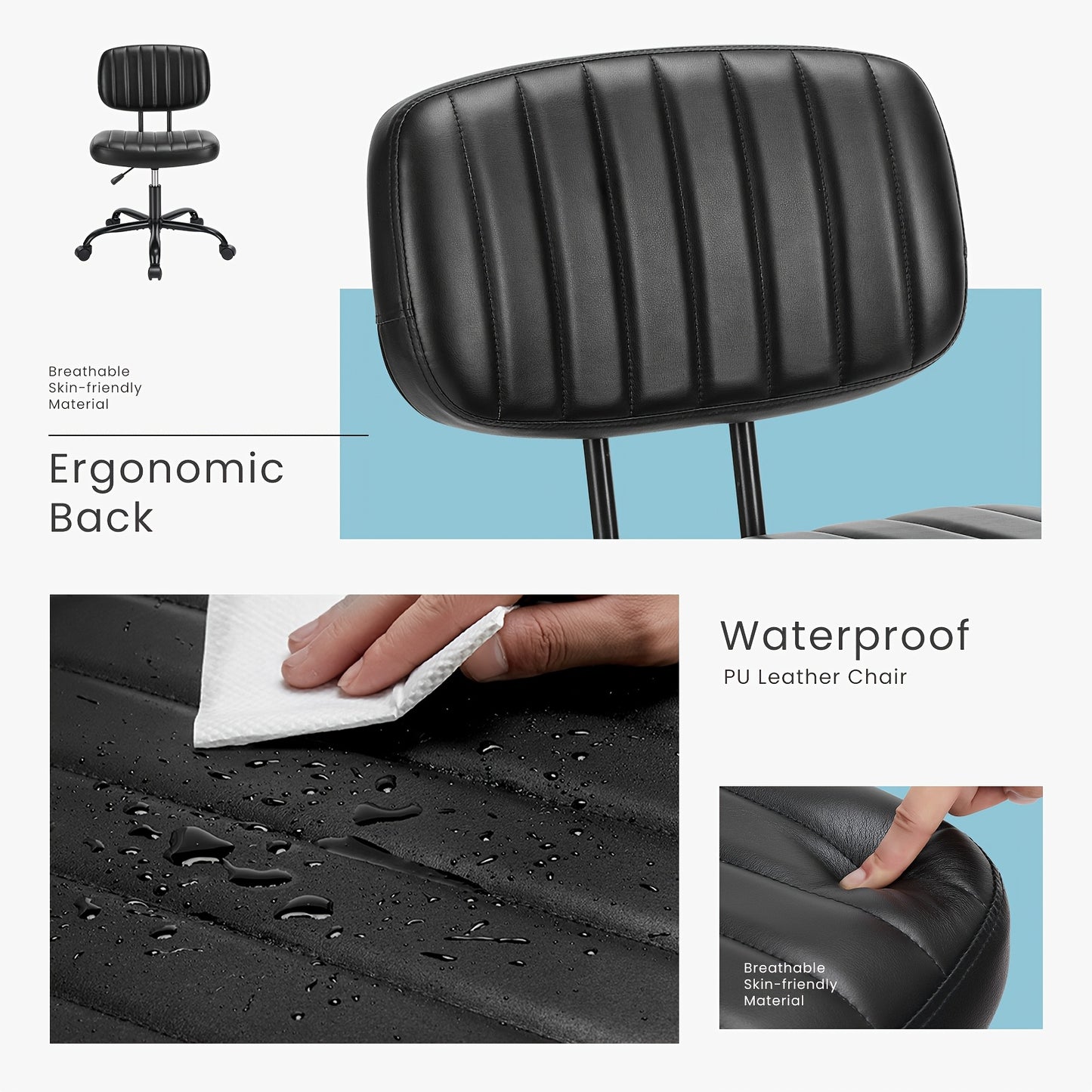 Small Desk Chair Armless, Comfortable Office Chair with Wheels, Rolling Task Chair with Low Back Lumbar Support, Vanity Chair for Bedroom Living Room Study Room, PU Leather