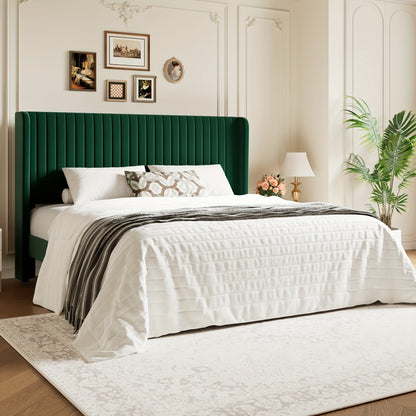 [Velvet Platform Bed Frame] WEEWAY Wingback Velvet Upholstered Platform Bed Frame, Vertical Channel Tufted Headboard, Wooden Slats Support, Heavy Duty Mattress Foundation, No Box Spring Needed, Easy Assembly, Avabliable Full/Queen/King Size, Free Shipping