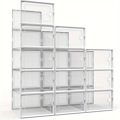 Shoe Organizer, 12/ 24Pack Clear Plastic Stackable Shoe Organizer For Closet, Interlocking Design Shoe Container For Sneakers, Collapsible Shoe Rack With Lid(Black, White, Gray)