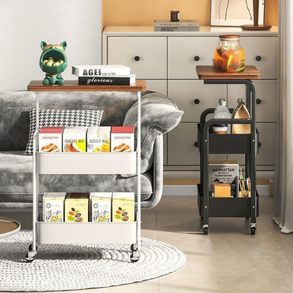 Multi-functional Rolling Kitchen Storage Trolley, White/ Black Multi-layer Mobile Storage Rack, Sturdy Metal Frame, Suitable for Living Room, Bedroom, Kitchen, Bathroom, Office - Easy to Assemble, Smooth-rolling Casters.