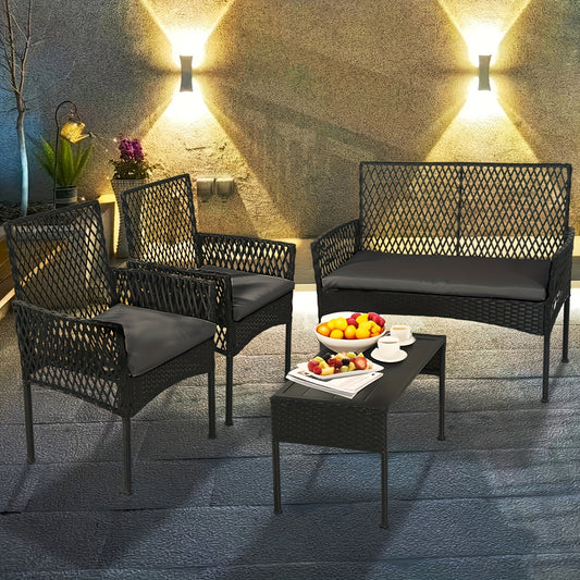 [Outdoor Conversation Set] All-Weather Wicker Patio Furniture 4pcs Set PE Rattan Bistro Loveseat & Table with Soft Cushions- Outdoor Conversation Set for Backyard, Balcony, Deck, Porch-Water-Resistant & UV-Resistant- Patio Furniture Outdoor