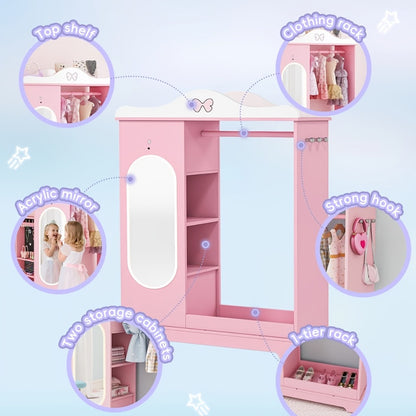 Kids Armoire with Jewelry Cabinet, Kids Dress Up Storage wth Shelves, Girls Wardrode Costume Organizer with Mirror, Children Closet with Armoire for Bedroom, Kids Room, Girls, Kids Room Furniture, Bedroom Storage, Stylish Kids Wardrobe, Playful Design, Ha
