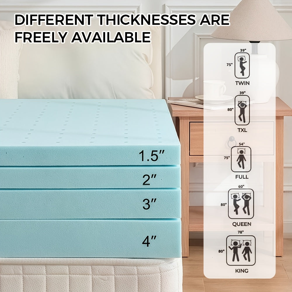 Breathable Gel Memory Foam Mattress Topper with Larger-pore Zones, Breathable Soft Mattress Topper, Cooling Mattress Topper, Gel, High-quality Memory Foam Mattress; Available In 1.5", 2", 3", And 4" Thicknesses for A Variety Of Options, Blue