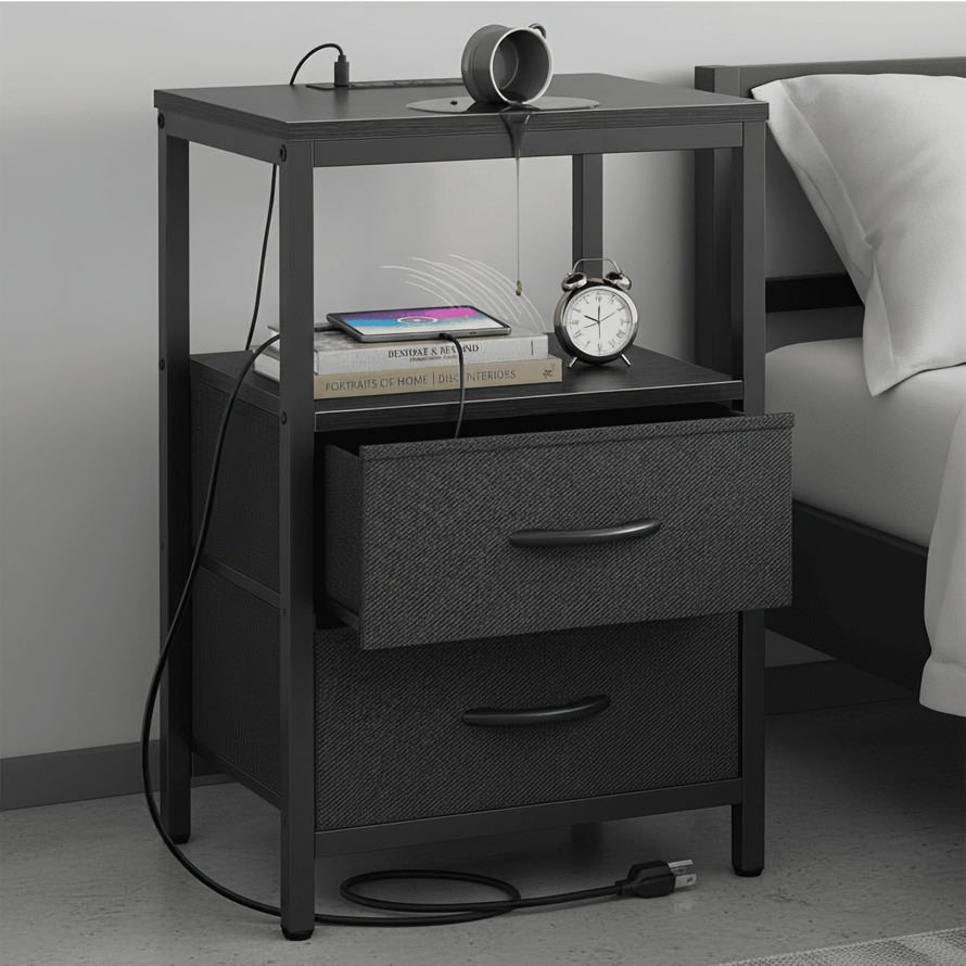 1/ 2P Bedside Table with Quick Charge USB/ Type-C Ports - Space Saving Floating Nightstand with 2 Adjustable Drawers& Built-in Socket, Ideal for Modern Bedrooms