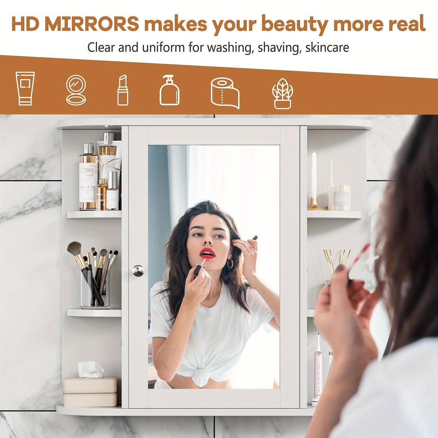 Wall-Mounted Bathroom Mirror Cabinet Featuring a Medicine Cabinet with Six Side-Opening Shelves, Finished in White