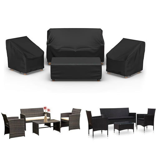 [Waterproof Windproof Covers] 4pcs Patio Furniture Covers Set, Waterproof Outdoor Furniture Cover, Heavy Duty Outdoor Coffee Table Cover, 1xSofa Cover, 2xChair Covers, 1xCoffee Table Cover With Windproof Buckle Strap And Adjustable Drawstring, Black