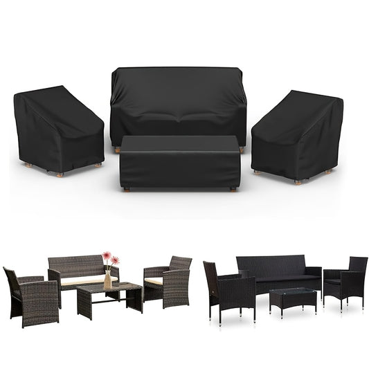 [Waterproof Windproof Covers] 4pcs Patio Furniture Covers Set, Waterproof Outdoor Furniture Cover, Heavy Duty Outdoor Coffee Table Cover, 1xSofa Cover, 2xChair Covers, 1xCoffee Table Cover With Windproof Buckle Strap And Adjustable Drawstring, Black