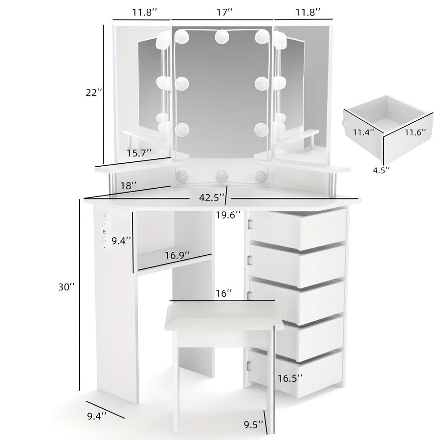 42" Tri-Mirror Corner Makeup Vanity Desk with Outlet, Lights, 5 Sliding Drawers Or Rotating Drawers, Come with Stool