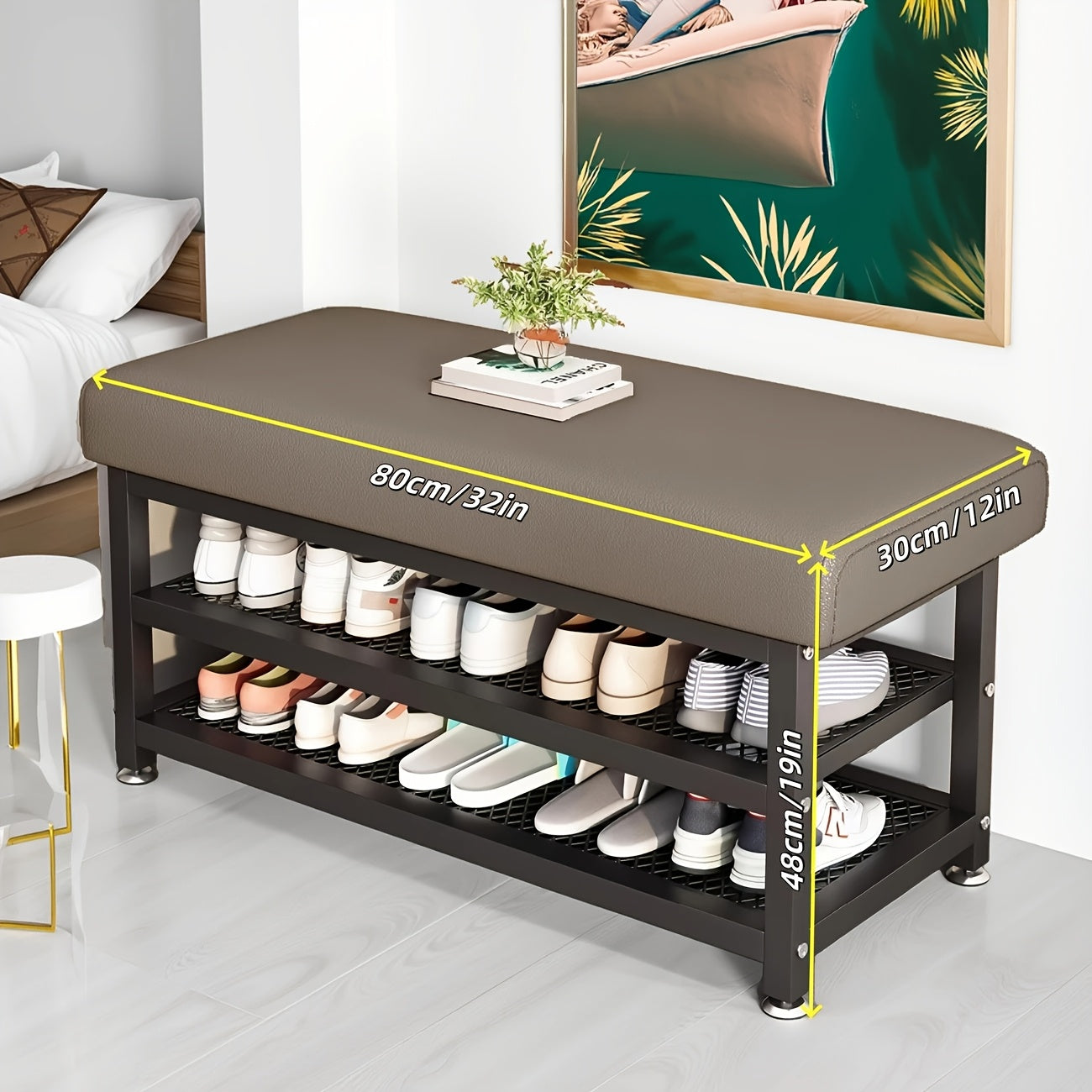 Modern Entrance Passage Shoe Changing Stool, Shoe Rack with Soft Cushion Shoe Storage Organizer, Easy to Install Metal Frame - Ideal Choice for Bedroom Or Foyer. Multi-Compartment Design, Space-Saving Entrance Channel Storage Rack