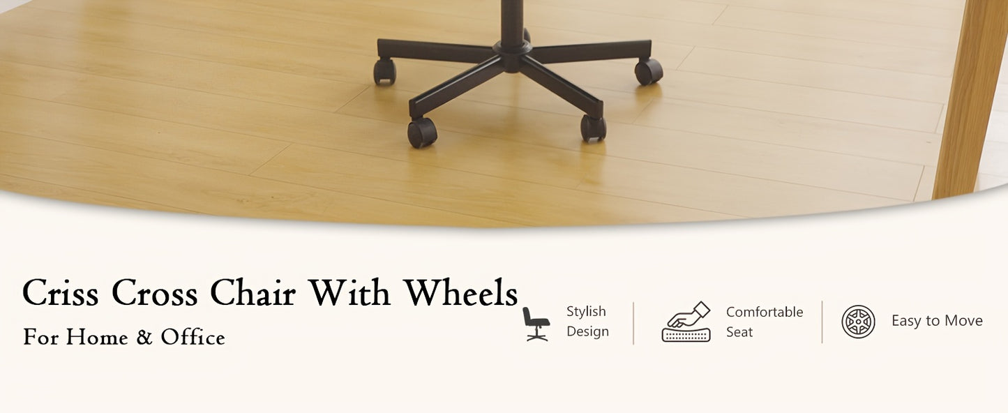 Criss Cross Chair with Wheels, Fabric Padded Armless Cross Legged Office Desk Chair for Home Office, Modern Swivel Height Adjustable Wide Seat Computer Task Vanity Chair