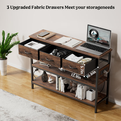 3-Tier Console Table with Charging Station, Entryway Table with Storage Drawers And Open Shelves, Narrow Sofa Table with USB Ports And Outlets, Adjustable Feet, And Modern Design for Hallways, Living Rooms, And Small Spaces