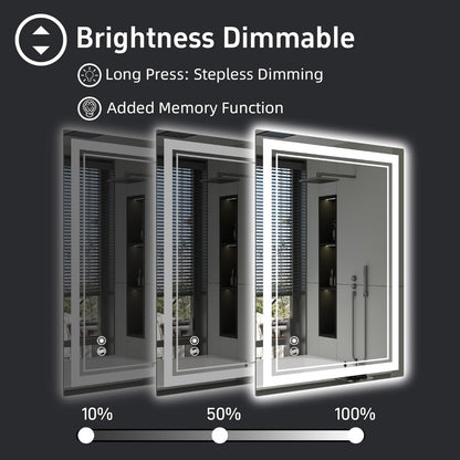 LED Bathroom Mirror with Anti-Fog Front & Backlit Dimmable 3 Color Lighting Wall Mounted Vanity Mirror Stepless Brightness Horizontal Vertical 24x36 32x40 36x28 40x28 Inch